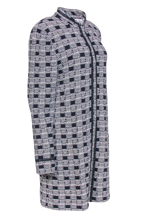 Current Boutique-St. John - Black & White Checkerboard Knit Longline Jacket Sz 14