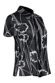 Current Boutique-St. John - Black & White Floral Print Short Sleeve Button-Up Sheer Blouse Sz S