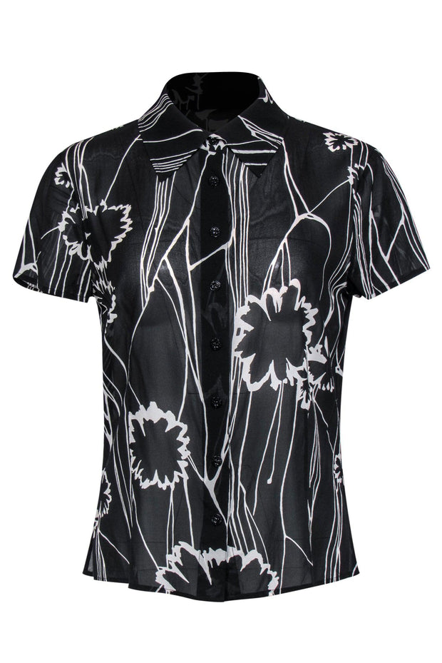 Current Boutique-St. John - Black & White Floral Print Short Sleeve Button-Up Sheer Blouse Sz S