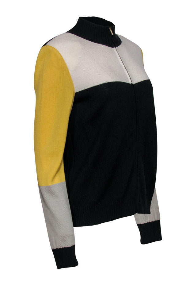 Current Boutique-St. John - Black, Yellow & White Colorblock Zip-Up Knit Jacket Sz M