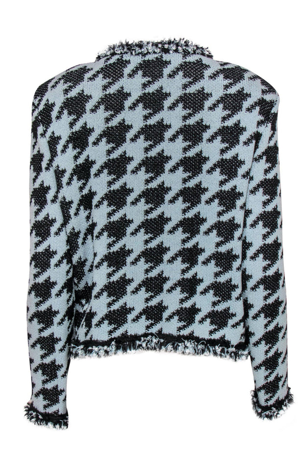 Current Boutique-St. John - Blue & Black Houndstooth Print Zip-Up Knit Jacket w/ Fringe Trim Sz 10