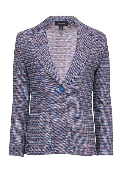 Current Boutique-St. John - Blue & Pink Marbled Textured Knit Single Button Blazer Sz 2