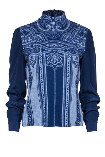 Current Boutique-St. John - Blue Printed Long Sleeve Mock Neck Sweater Sz M