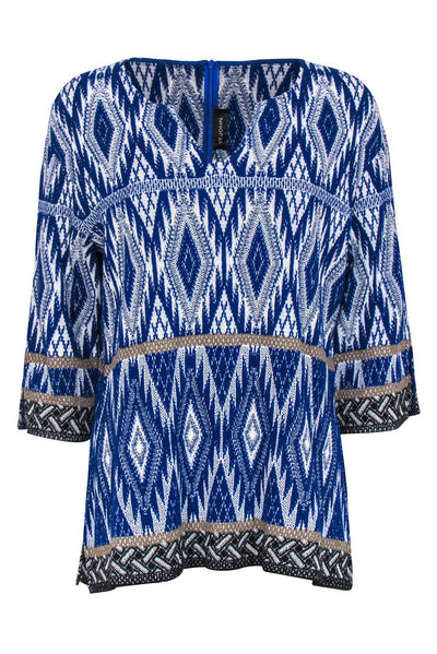 Current Boutique-St. John - Blue, White & Gold Print Long Sleeve Knit Top Sz M