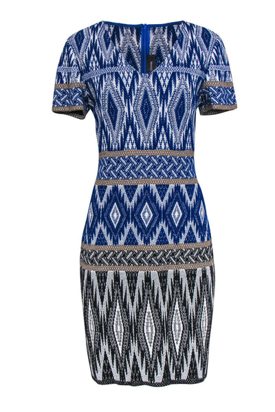 Current Boutique-St. John - Blue, White & Gold Print Short Sleeve Knit Dress Sz 10