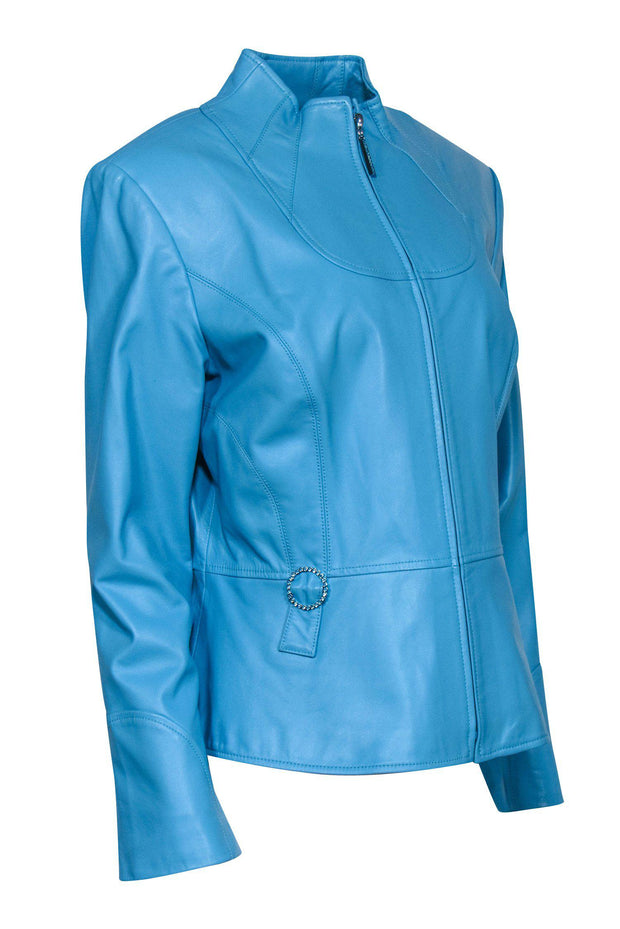 Current Boutique-St. John - Bright Blue Leather Zip-Up Jacket w/ Rhinestone Embellishments Sz L