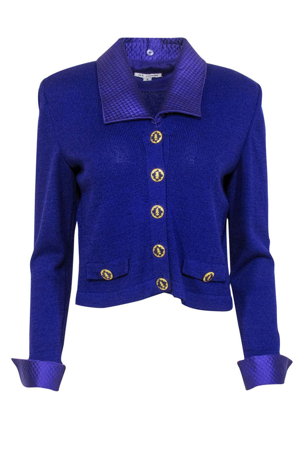 Current Boutique-St. John - Bright Purple Knit Golden Button Blazer w/ Quilted Satin Sz 4