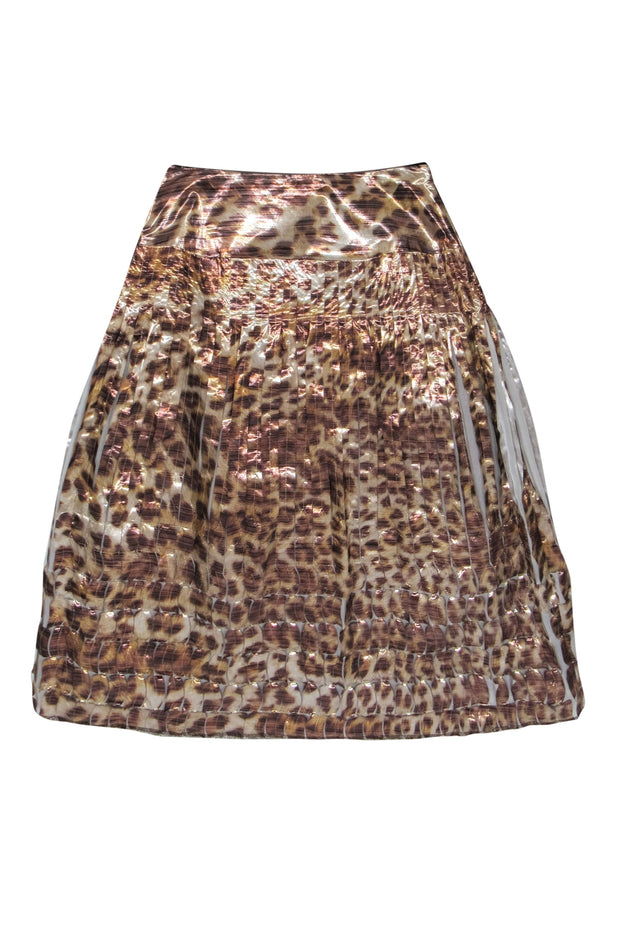 Current Boutique-St. John - Brown & Beige Metallic Leopard Print Pleated Midi Skirt Sz 4
