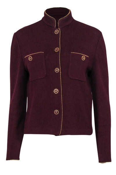 Current Boutique-St. John - Burgundy Knit Button-Up Blazer w/ Gold Trim Sz 6