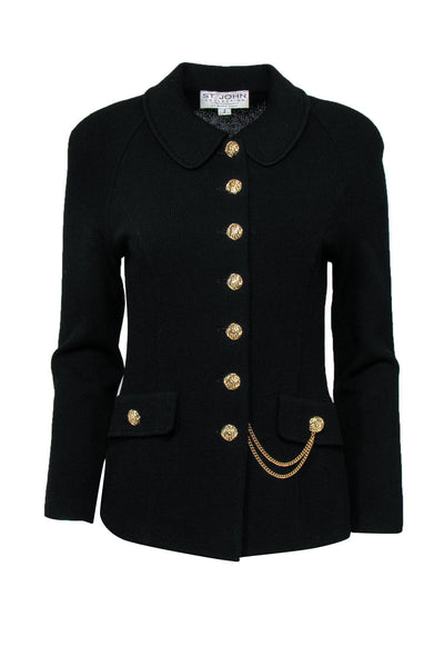 Current Boutique-St. John Collection - Black Knit Jacket w/ Gold Buttons & Chain Sz 2
