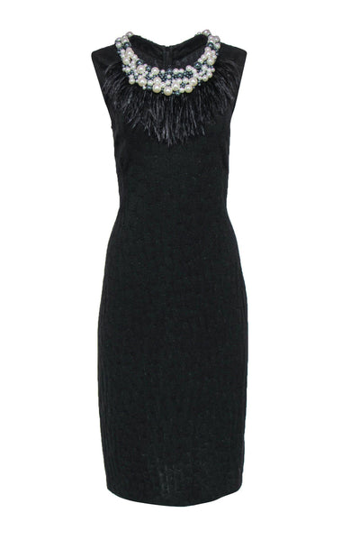 Current Boutique-St. John Couture - Black Knit Sheath Dress w/ Pearls & Feathers Sz 12