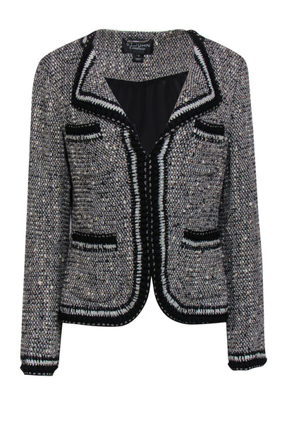 Current Boutique-St. John Couture - Grey, Black & White Tweed Blazer w/ Embroidered Trim Sz 10