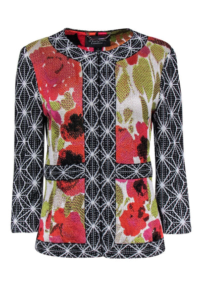 Current Boutique-St. John Couture - Pink, Orange & Green Floral Jacket w/ Black & White Contrast Trim Sz 8