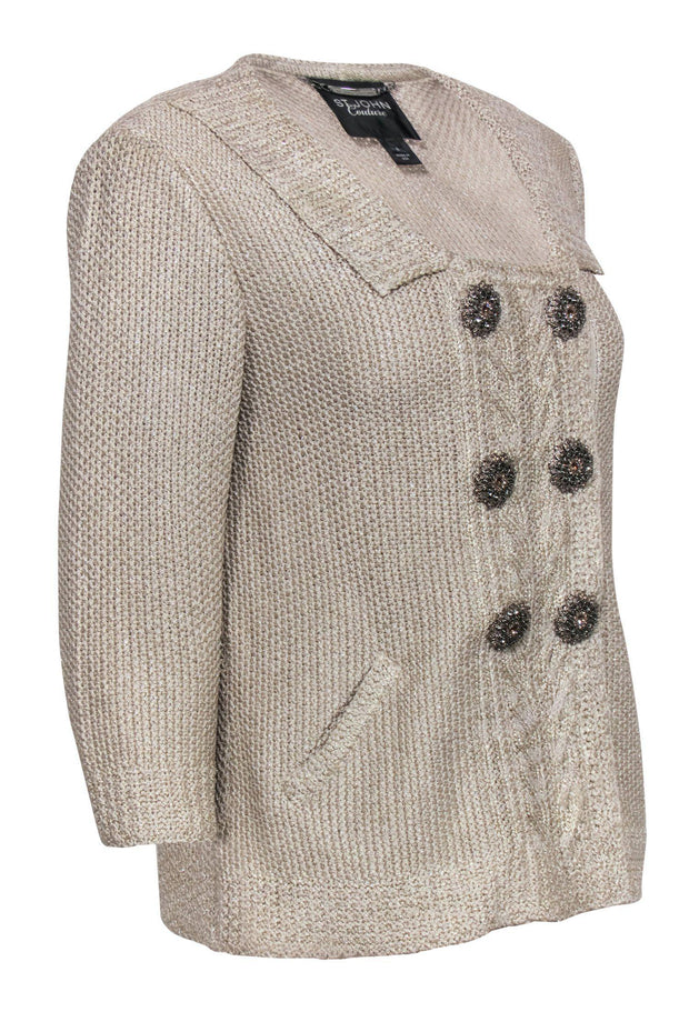 Current Boutique-St. John Couture - Silver Chunky Knit Jacket w/ Jewel Buttons Sz 6