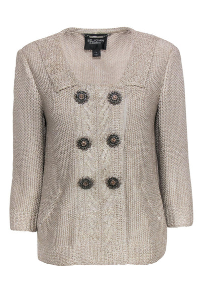 Current Boutique-St. John Couture - Silver Chunky Knit Jacket w/ Jewel Buttons Sz 6