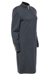 Current Boutique-St. John - Dark Grey Mock Neck Midi Dress w/ Gold Buttons Sz 12