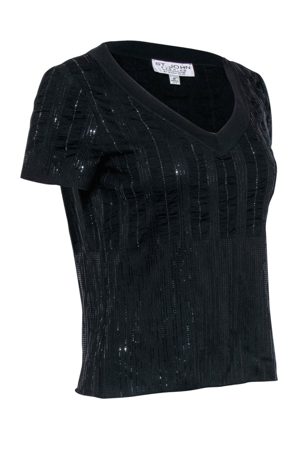 Current Boutique-St. John Evening - Sparkly Black Knit Short Sleeve Shirt Sz M