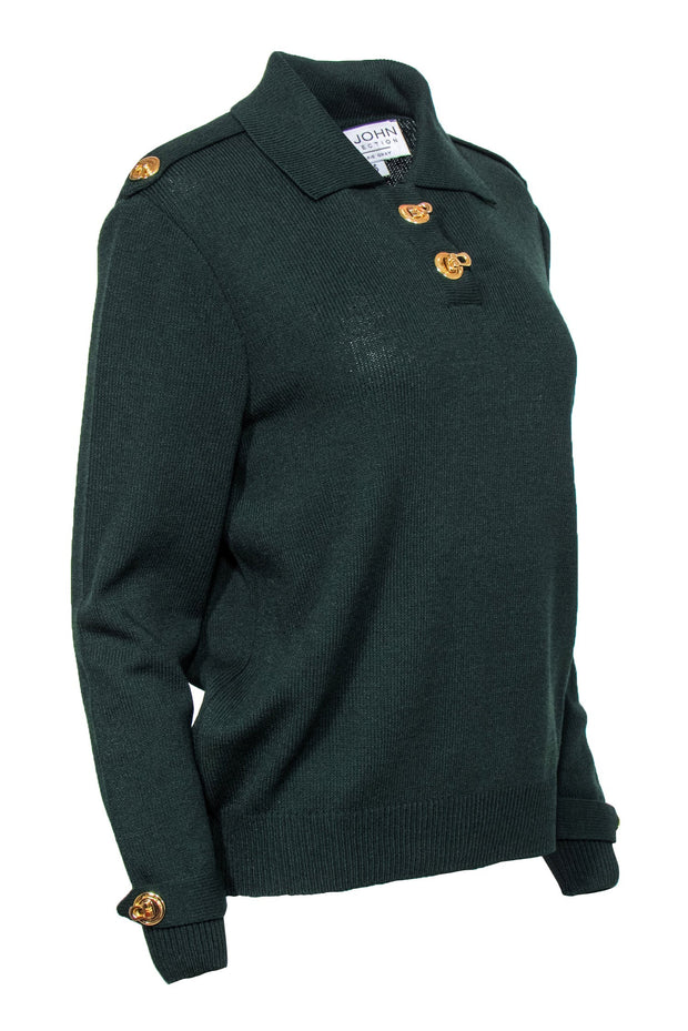 Current Boutique-St. John - Forest Green Collared Sweater w/ Gold Toggle Buttons Sz S