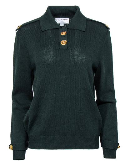 Current Boutique-St. John - Forest Green Collared Sweater w/ Gold Toggle Buttons Sz S