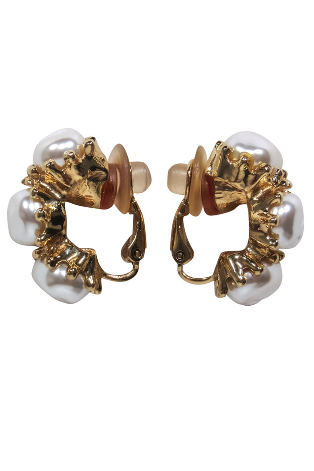 Current Boutique-St. John - Gold & Faux Pearl Clip-On Hoop Earrings