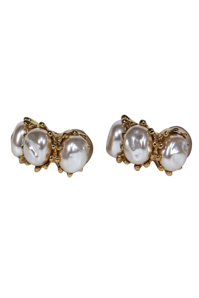 Current Boutique-St. John - Gold & Faux Pearl Clip-On Hoop Earrings