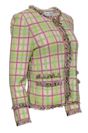 Current Boutique-St. John - Green & Pink Plaid Zip-Up Knit Jacket w/ Fringe Trim Sz 6