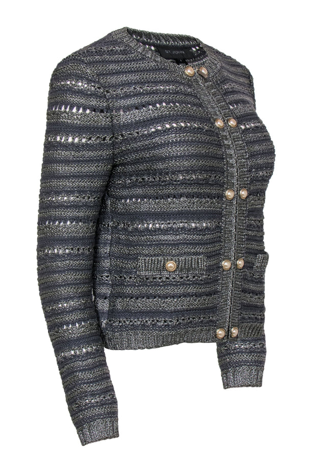 Current Boutique-St. John - Grey Metallic Knit Zip-Up Cardigan w/ Faux Pearl-Style Buttons Sz 4