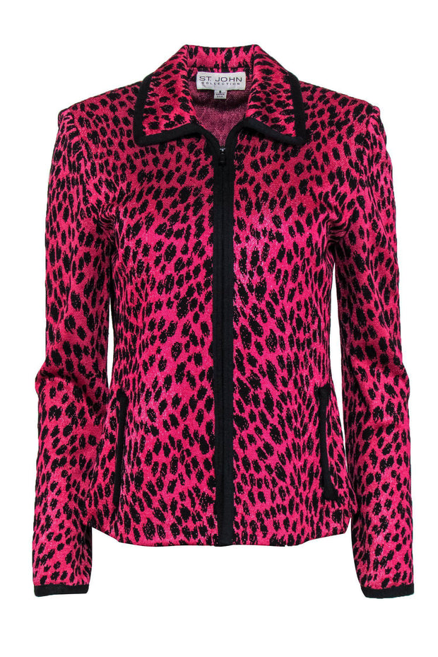 Current Boutique-St. John - Hot Pink Leopard Spotted Zip-Up Knit Jacket Sz 8