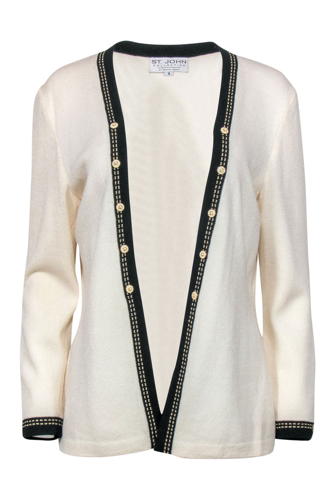 St. John - Ivory Open Front Knit Cardigan w/ Black Trim & Faux