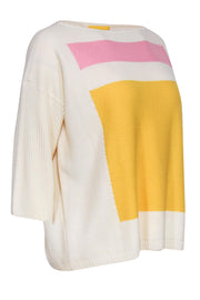 Current Boutique-St. John - Ivory, Pink & Yellow Textured Cropped-Sleeve Wool Sweater Sz M