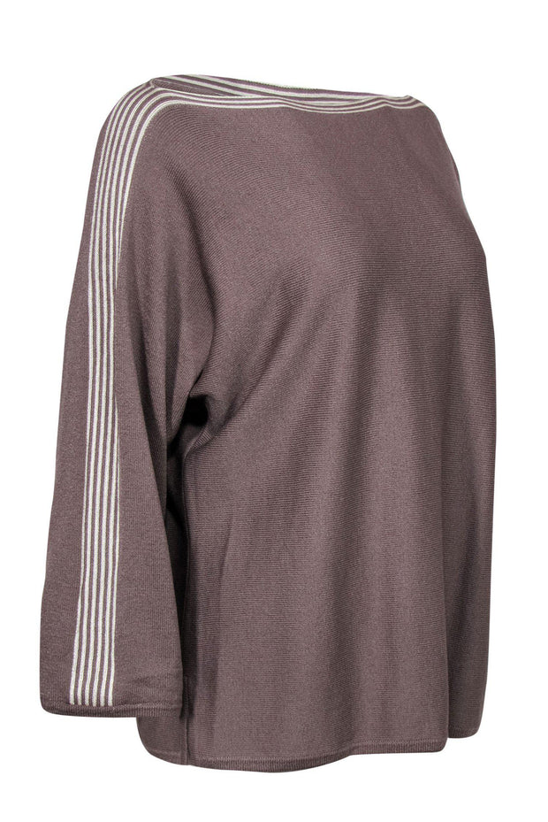 Current Boutique-St. John - Light Brown Boat Neck Knit Sweater w/ Striped Trim Sz L