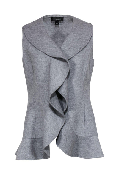 Current Boutique-St. John - Light Gray Ruffle Open Knit Vest Sz 4