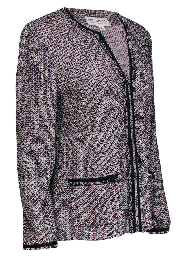 Current Boutique-St. John - Light Pink & Black Knit Zip-Up Blazer w/ Fringed Trim Sz 8