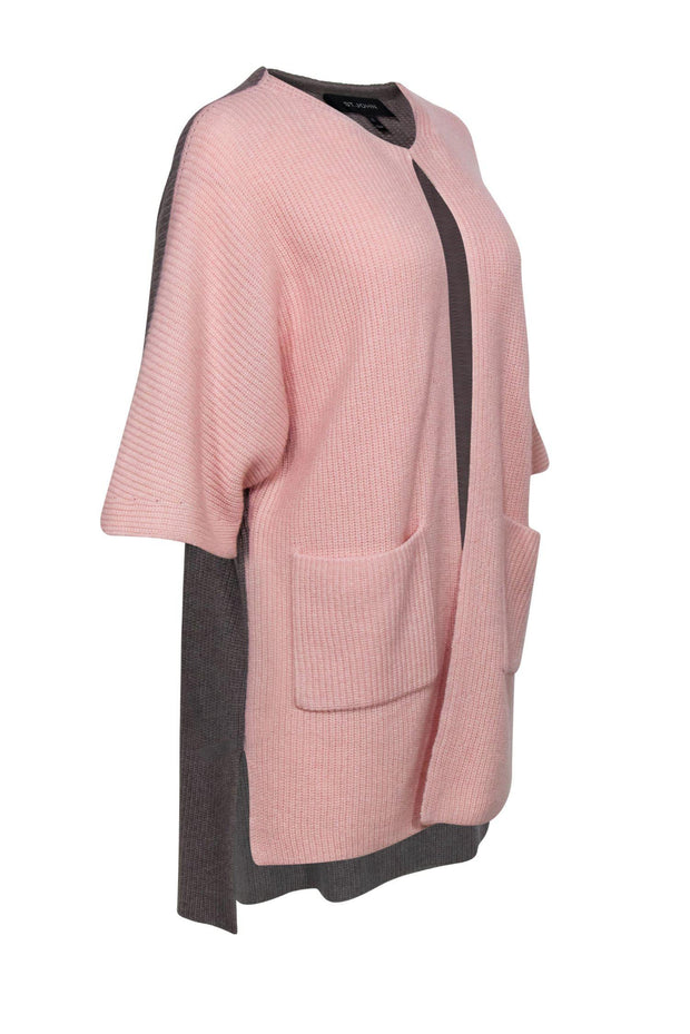 Current Boutique-St. John - Light Pink & Grey Two-Toned Cropped Sleeve Cardigan w/ Beaded Trim Sz S