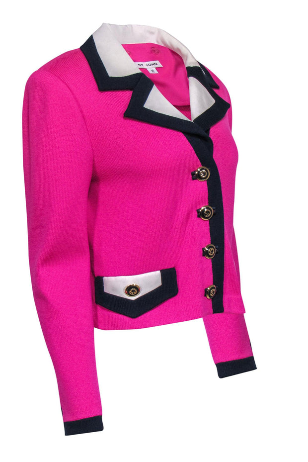 Current Boutique-St. John - Magenta, Navy & White Knit Jacket w/ Removable Collar Sz 10