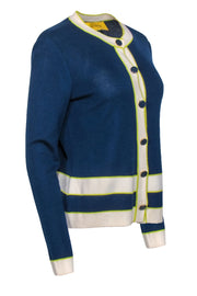 Current Boutique-St. John - Navy Knit Button-Up Cardigan w/ Cream & Neon Green Trim Sz M