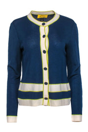 Current Boutique-St. John - Navy Knit Button-Up Cardigan w/ Cream & Neon Green Trim Sz M