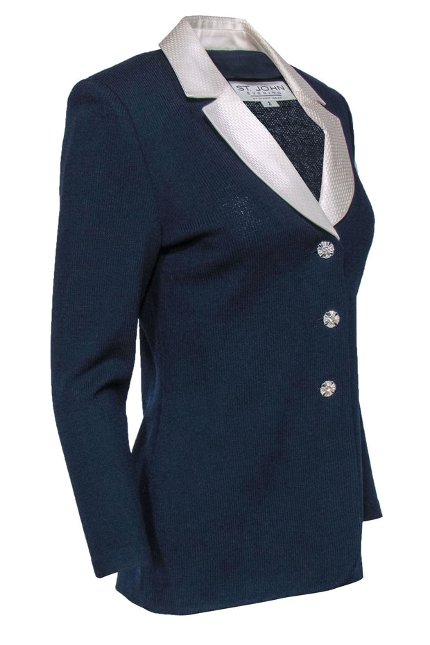 Current Boutique-St. John - Navy Sequined Blazer w/ Removable White Collar & Rhinestones Sz 2