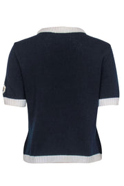 Current Boutique-St. John - Navy & White Short Sleeve Crewneck Sweater w/ Embroidered Logo Patch Sz S