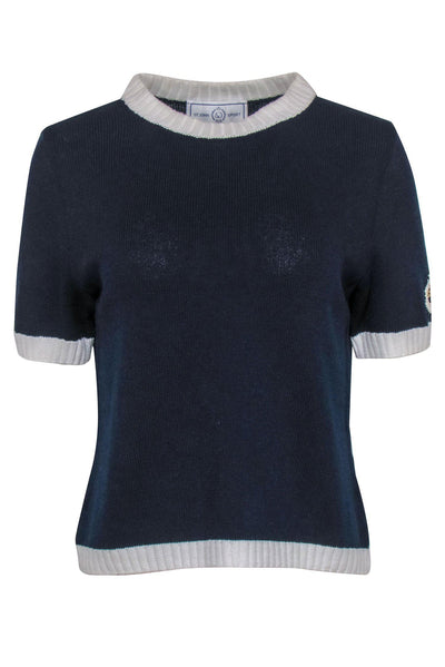 Current Boutique-St. John - Navy & White Short Sleeve Crewneck Sweater w/ Embroidered Logo Patch Sz S