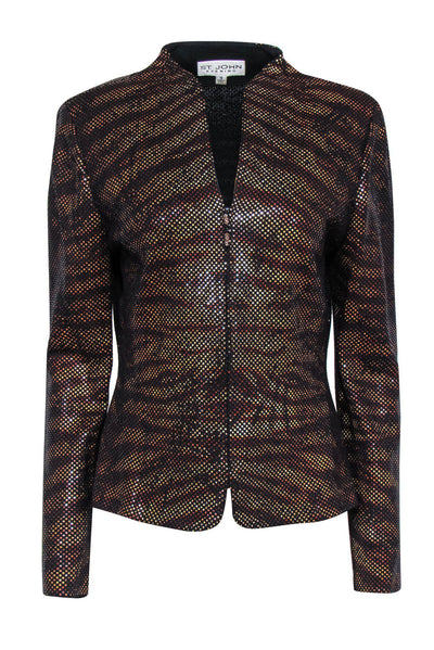 Current Boutique-St. John - Orange & Black Sequin Zebra Print Zip-Up Jacket Sz 10