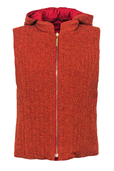 Current Boutique-St. John - Orange Knit & Red Hooded Insulated Vest Sz M