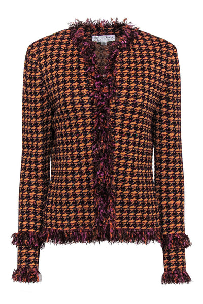 Current Boutique-St. John - Orange & Purple Houndstooth Fringed Knit Jacket Sz 10