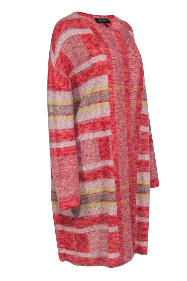 Current Boutique-St. John - Pink, Red, Yellow & Grey Striped Longline Cardigan Sz XL