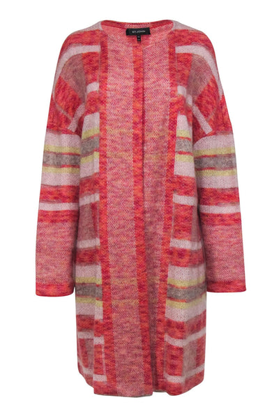 Current Boutique-St. John - Pink, Red, Yellow & Grey Striped Longline Cardigan Sz XL