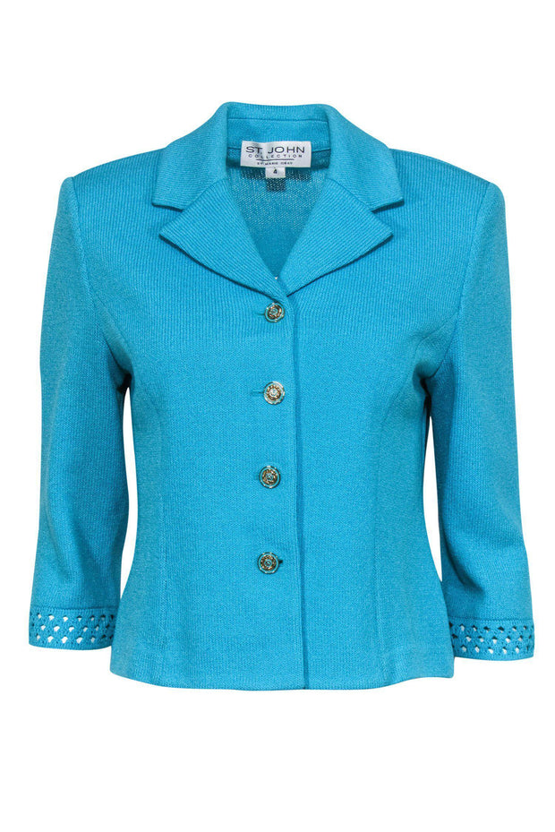 Current Boutique-St. John - Pool Blue Knit Blazer w/ Decorative Buttons Sz 4