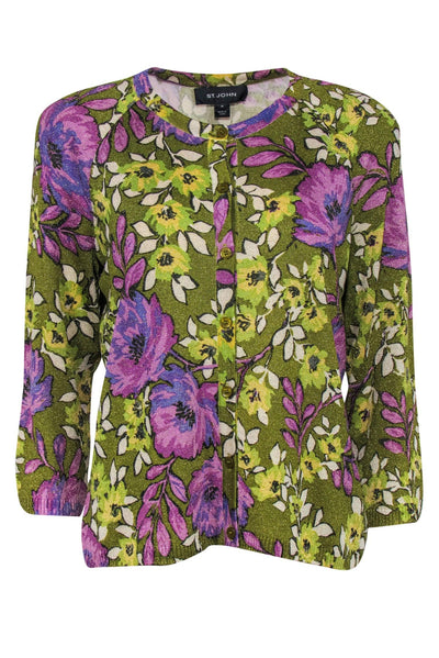 Current Boutique-St. John - Purple & Green Glittery Floral Knit Cardigan Sz M