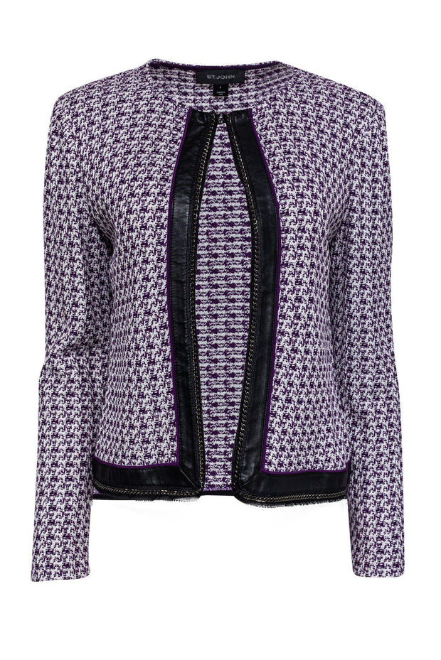 Current Boutique-St. John - Purple Marbled Knit Jacket w/ Leather Trim Sz 8