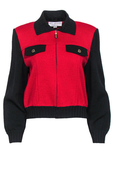 Current Boutique-St. John - Red & Black Colorblocked Knit Zip-Up Jacket Sz P