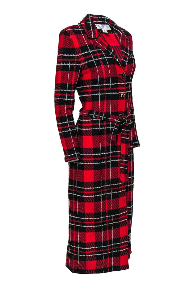 Current Boutique-St. John - Red, Black & White Plaid Button-Up Belted Knit Longline Jacket Sz 8